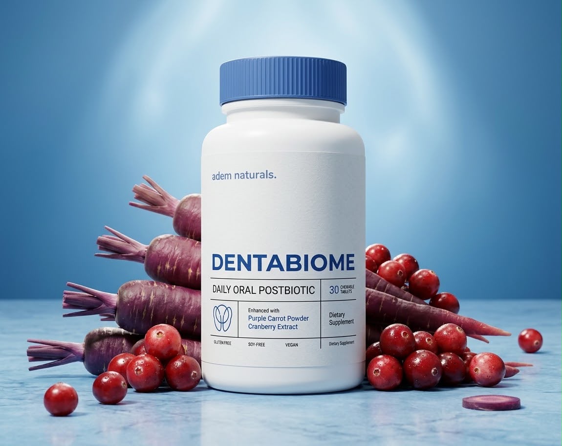 A bottle of DentaBiome by Adem Naturals surrounded by purple carrots and cranberries